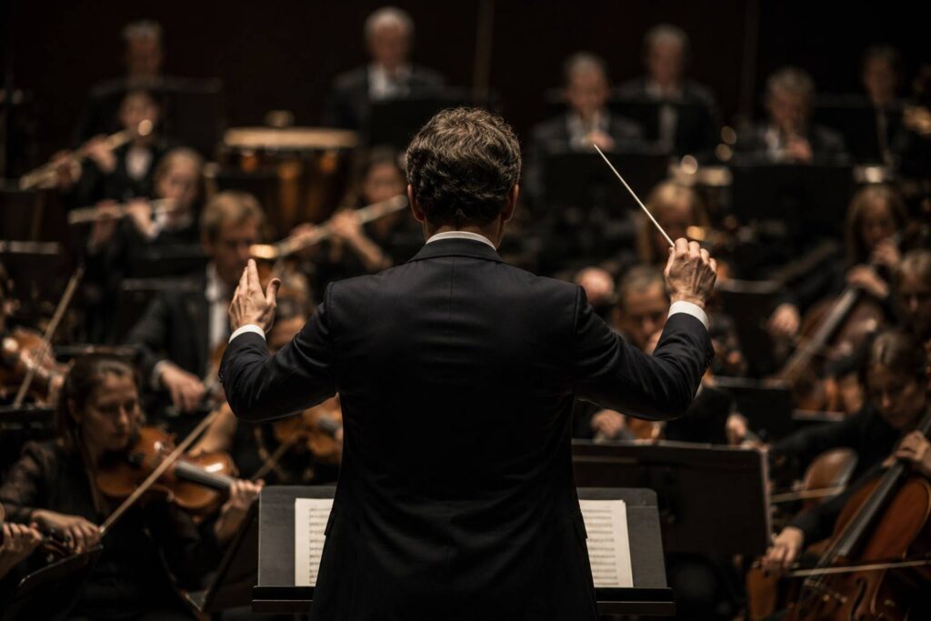 Orchestra conductor leading symphony performance on stage