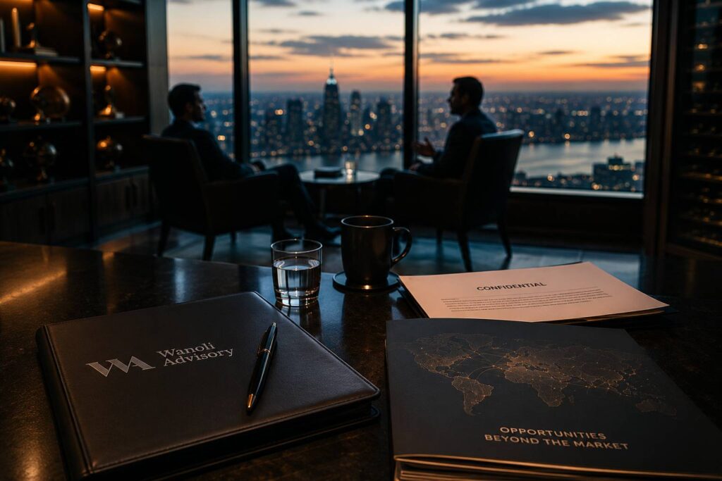 Business meeting with confidential documents, city skyline sunset
