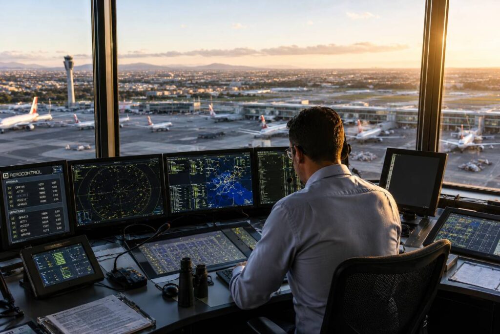 Air traffic controller monitoring airport at sunset