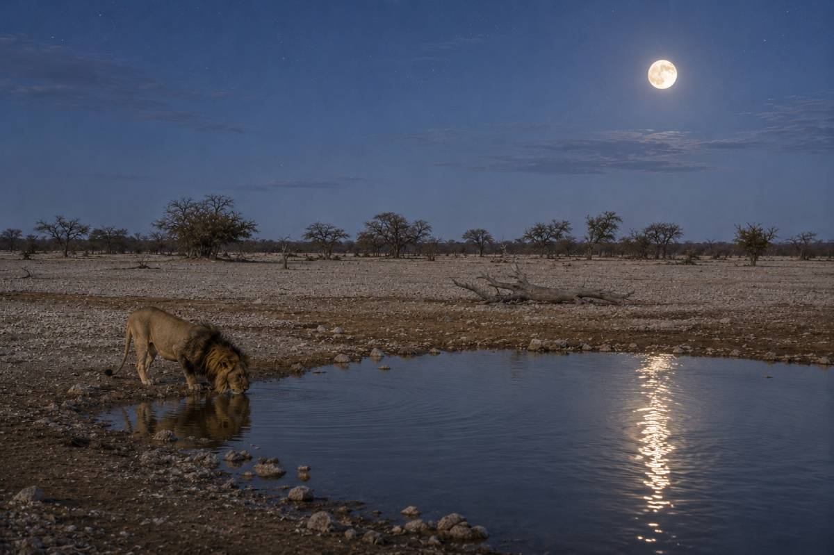 Lion drinking at moonlit waterhole in savannah