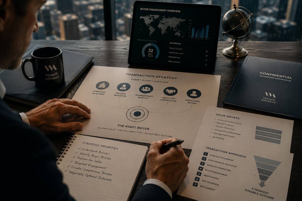 Businessperson reviewing transaction strategy and buyer engagement dashboard