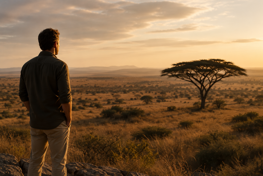 Man overlooking savannah at sunset with acacia tree